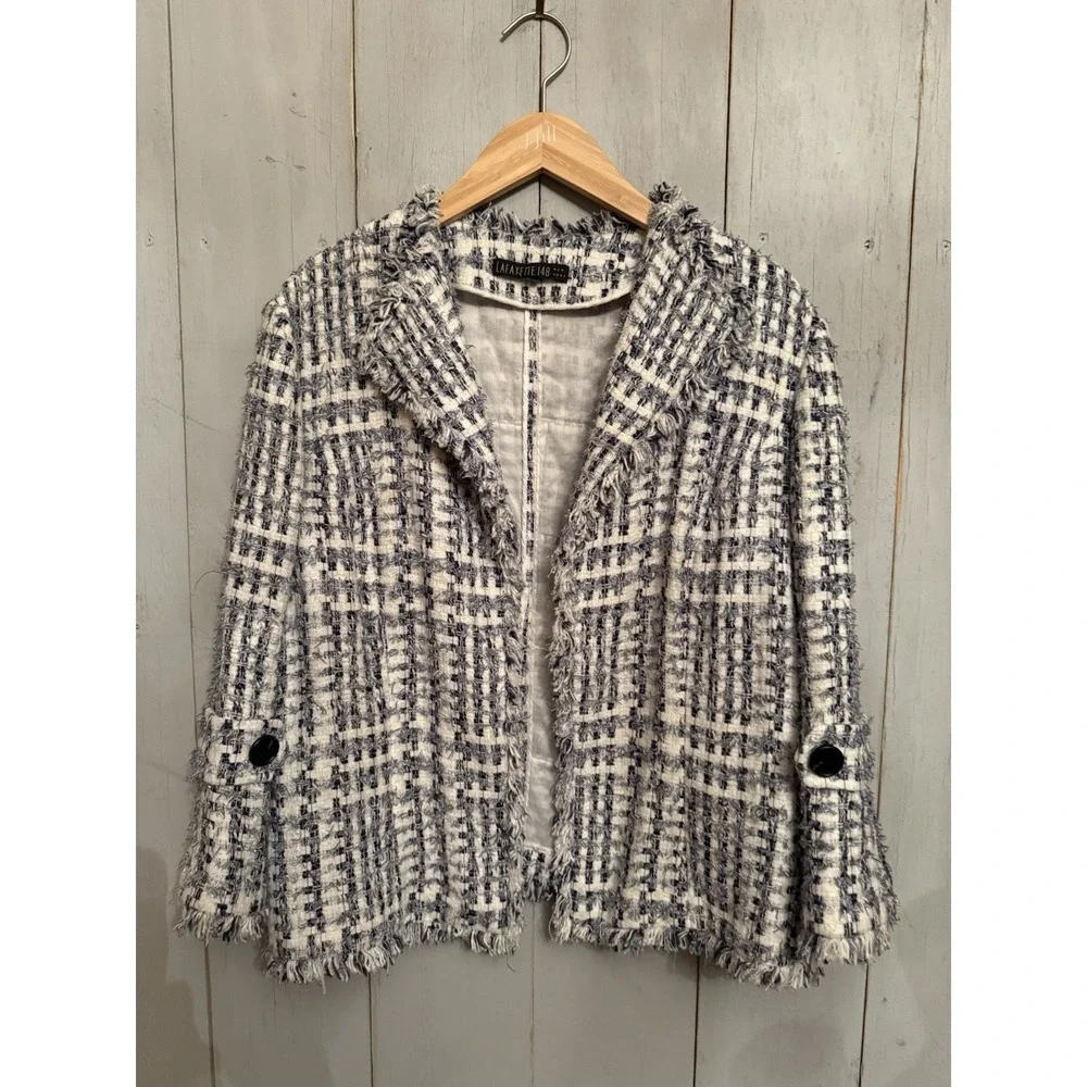 Lafayette 148 Tweed Blue White Plaid Open Blazer S-8 Fringe Fabric Ruffle Sleeve